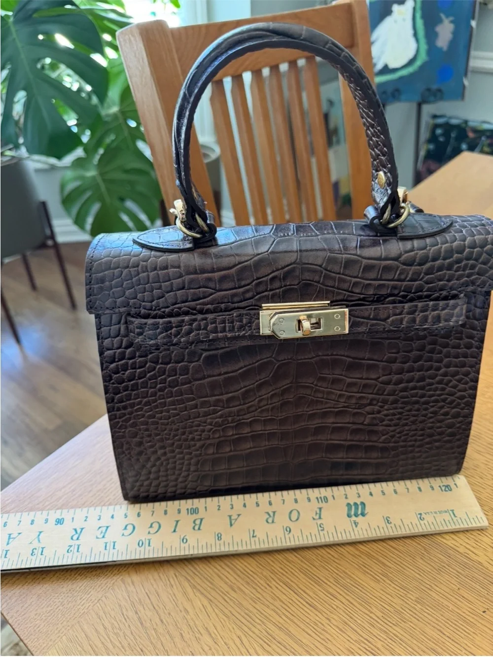 Classic Croc-Embossed Top-Handle Satchel in Dark Brown - Picture 11 of 14